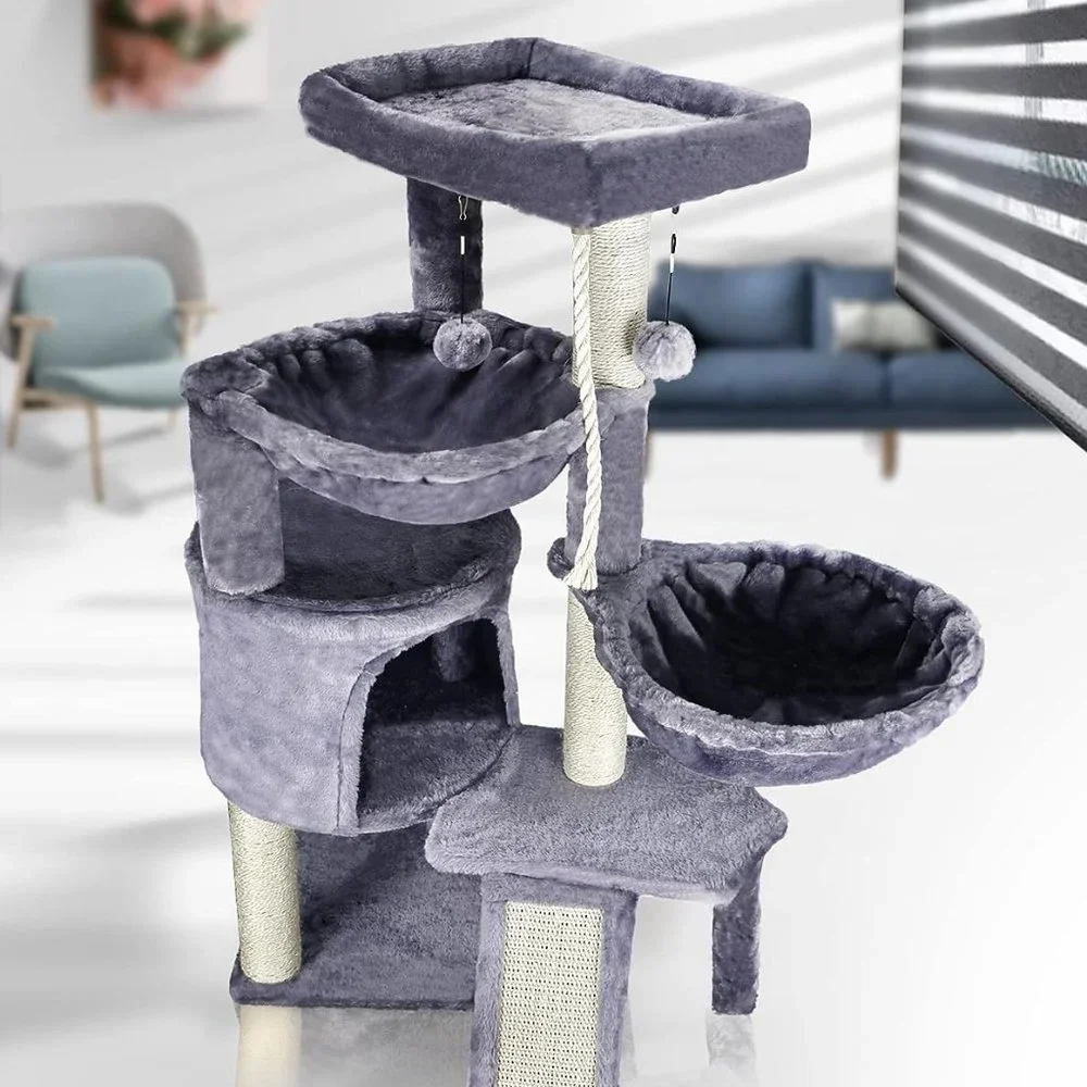 Three Layer Cat Tree with Cat Condo and Two Hammocks, Grey